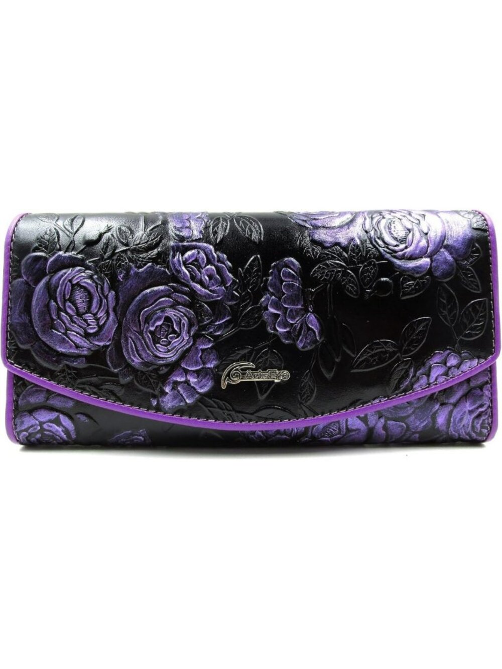 Purple Roses Embossed Genuine Leather Trifold Wallet - Stylish & Functional